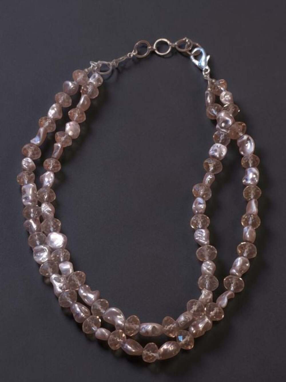 Double Strand Mauve Baroque Pearl & Champagne Crystal Necklace